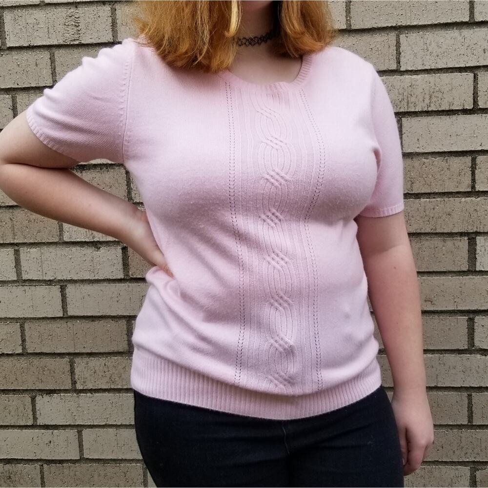 Requirements Womens Short Sleeve Sweater Top Cable Knit Pink Medium